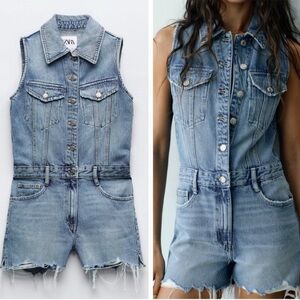 Zara Denim Romper Cutoff Shorts Distressed Size Medium Cowgirl Western Country
